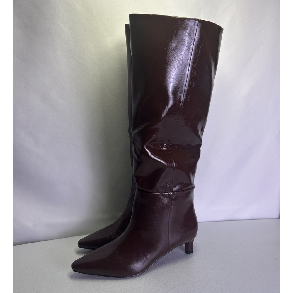 Cellenz Brown Patent Knee High Boots Kitten Heel Slouchy Wide Calf Size 7.5 NWB